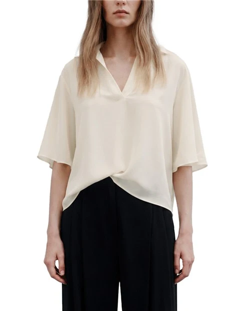 BLUSA CON COLLO A POLO IN SATIN FLUIDO DONNA BIANCO