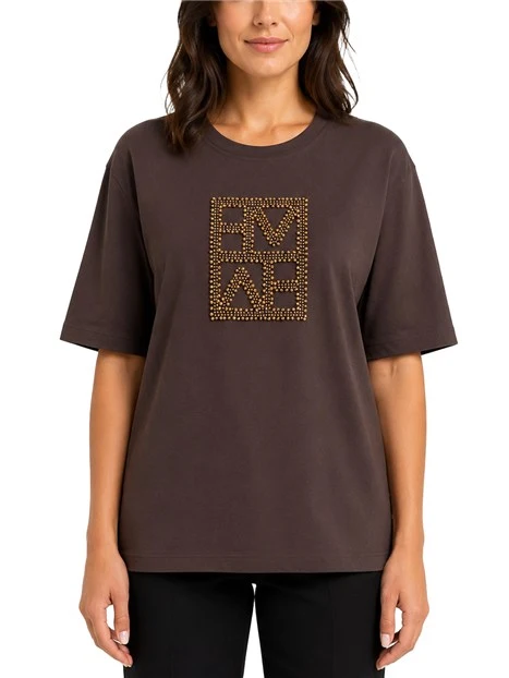 T-SHIRT MANICA CORTA IN COTONE CON LOGO FRONTALE RICAMATO DONNA MARRONE