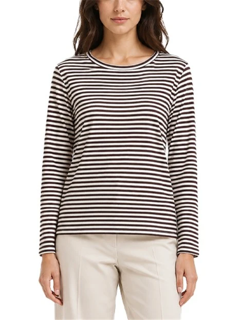 T-SHIRT MANICA TRE QUARTI IN JERSEY DI VISCOSA STRETCH E SCOLLO STONDATO A RIGHE DONNA MARRONE