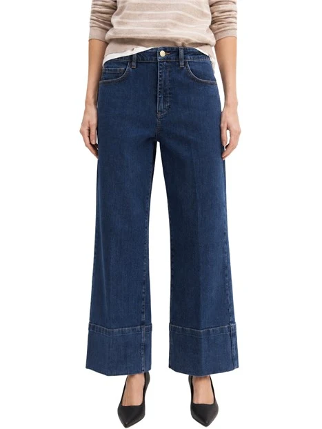 JEANS CROPPEDI IN DENIM DI COTONE STRETCH CON ORLO ALTO IMPUNTATO DONNA BLU