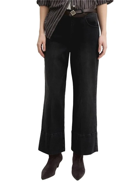 JEANS CROPPEDI IN DENIM DI COTONE STRETCH CON ORLO ALTO IMPUNTATO DONNA NERO