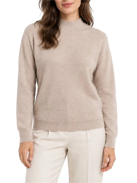 MAGLIA DOLCEVITA IN FILATO DI LANA CASHMERE SENZA CUCITURA CON BORDI A COSTINE DONNA BEIGE