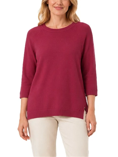 MAGLIA GIROCOLLO  IN VISCOSA STRETCH A RIGHE CON FONDO ASIMMETRICO DONNA BORDEAUX