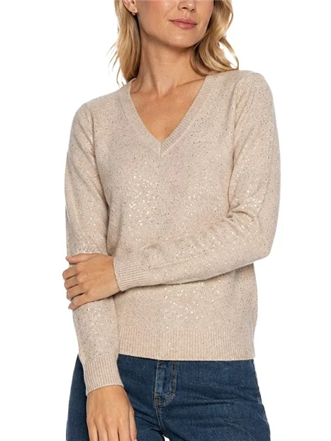MAGLIA SCOLLO A V IN MISTO LANA CON LUREX E PAILLETTES DONNA AVORIO