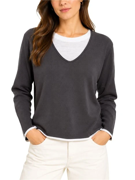 MAGLIA CON SCOLLO A V IN PURA LANA CON DETTAGLIO A CONTRASTO DONNA MARRONE