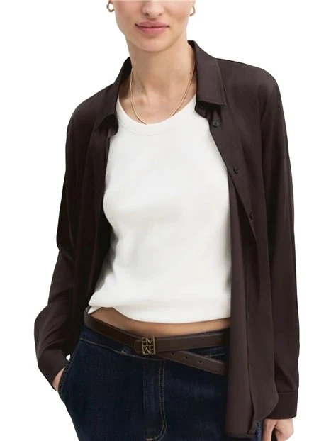 CAMICIA FLUIDA IN RASO LEGGERO STRETCH CON FONDO STONDATO DONNA MARRONE