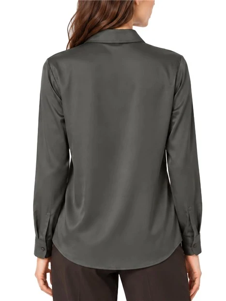 CAMICIA FLUIDA IN RASO LEGGERO STRETCH CON FONDO STONDATO DONNA VERDE SCURO