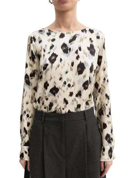 BLUSA IN TWILL STAMPATO CON SCOLLO A BARCA E FONDO ASIMMETRICO DONNA AVORIO