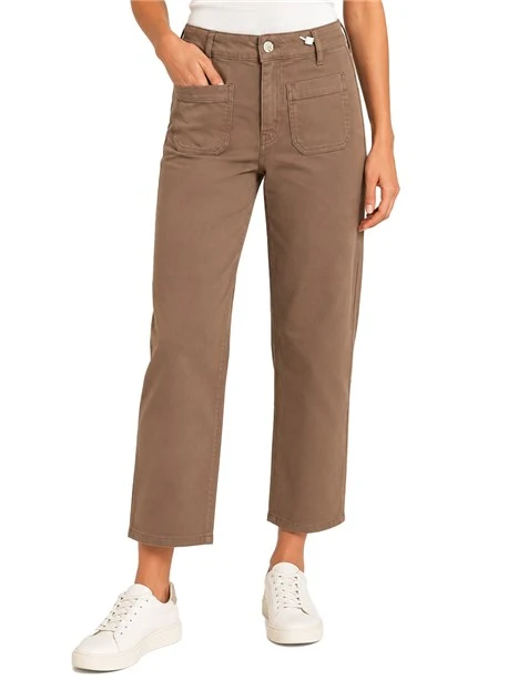 PANTALONI PALAZZO IN GABARDINA STRETCH CON TASCHE APPLICATE DONNA MARRONE