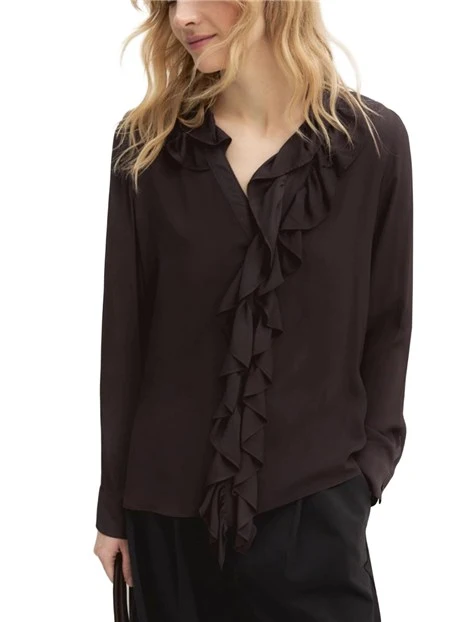 CAMICIA IN CRÊPE DI VISCOSA CON ROUCHES  DONNA MARRONE