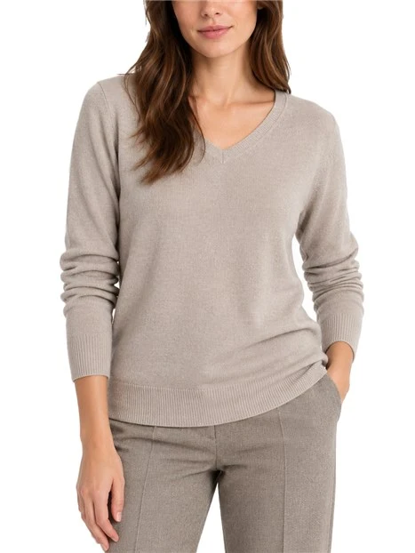 MAGLIA CON SCOLLO A V CO FINITURE A COSTINE DONNA BEIGE