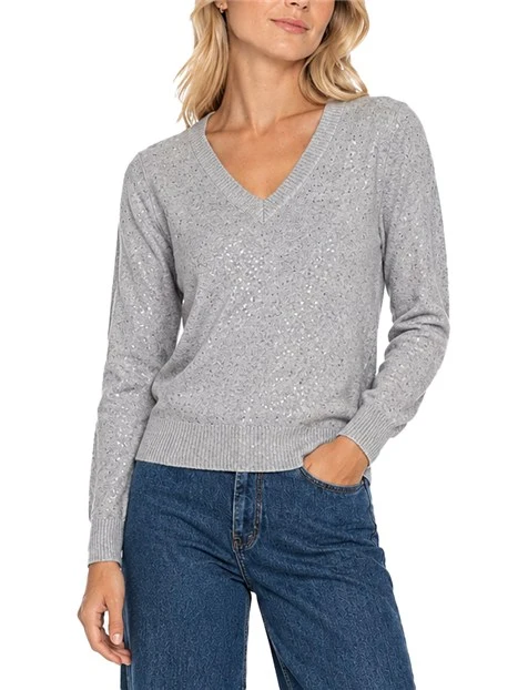 MAGLIA SCOLLO A V IN MISTO LANA CON LUREX E PAILLETTES DONNA GRIGIO