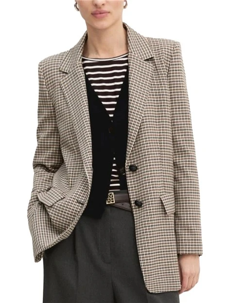 BLAZER MONOPETTO IN TESSUTO STRETCH CON STAMPA FANTASIA DONNA MARRONE