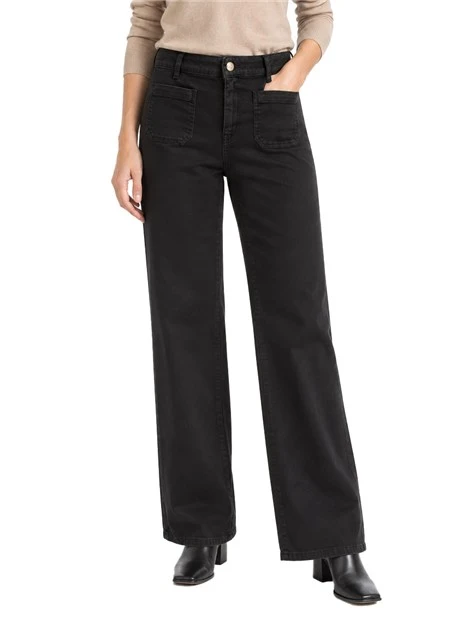 PANTALONI PALAZZO IN GABARDINA STRETCH CON TASCHE APPLICATE DONNA NERO