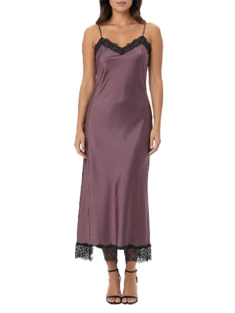 VESTITO LUNGO CON BORDO IN PIZZO E SPALLINE SOTTILI DONNA MARRONE