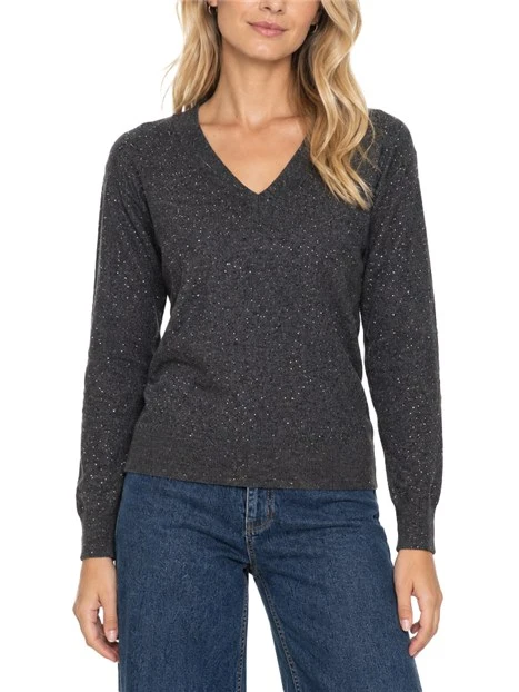 MAGLIA SCOLLO A V IN MISTO LANA CON LUREX E PAILLETTES DONNA GRIGIO SCURO