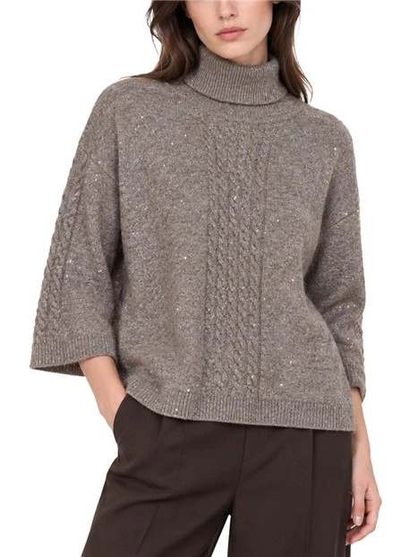 MAGLIA DOLCEVITA IN MISTO LANA CON PAILETTES E DETTAGLI A COSTINE DONNA TORTORA
