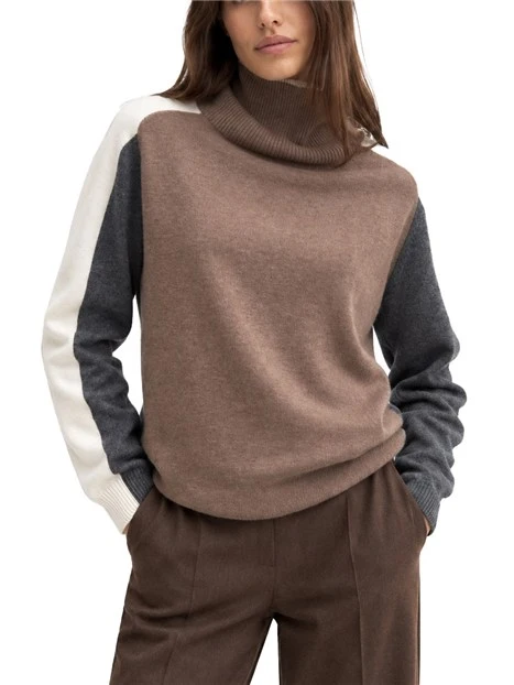 MAGLIA DOLCEVITA IN MISTO LANA E CASHMERE CON DETTAGLI A COSTINE DONNA TORTORA