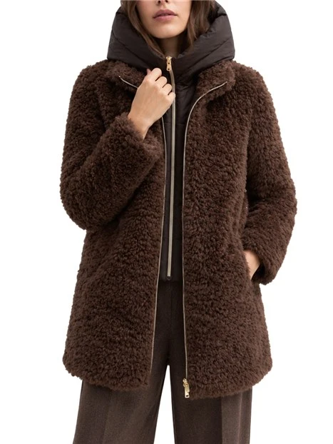 CAPPOTTO CORTO FURRY IMBOTTITO CON CAPPUCCIO RIMOVIBILE DONNA TORTORA