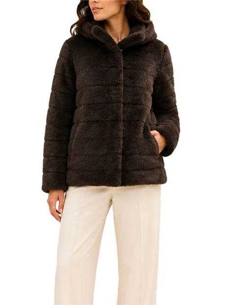 GIACHA IN ECO PELLICCIA IN TESSUTO FURRY CON CAPPUCCIO DONNA MARRONE