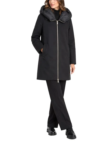CAPPOTTO LUNGO DI PANNO SOFT IMBOTTITO CON CAPPUCCIO E PETTORINA RIMOVIBILI DONNA NERO