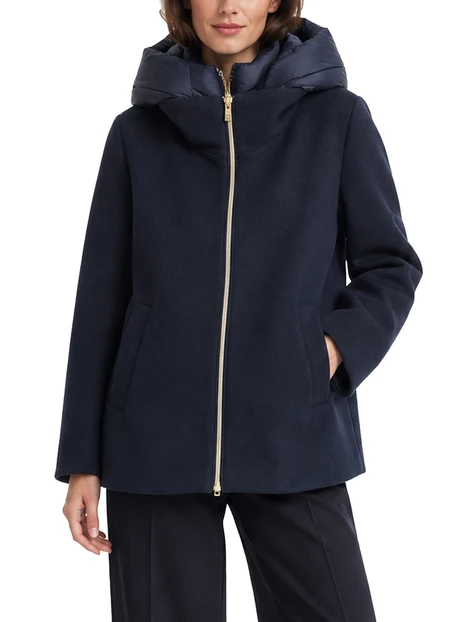 CAPPOTTO CORTO IN PANNO SOFT CON CAPPUCCIO ANTIGOCCIA RIMOVIBILE BLU
