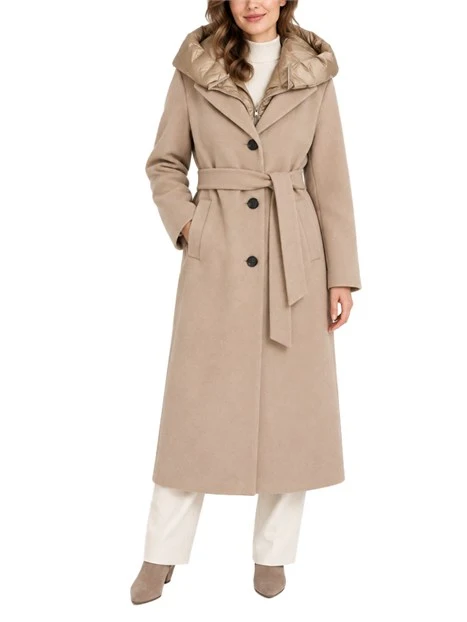 CAPPOTTO LUNGO IN PANNO SOFT IMBOTTITO CON CAPPUCCIO RIMOVIBILE DONNA MARRONE