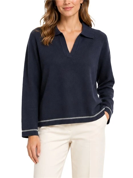 MAGLIA GIROCOLLO CON COLLO A POLO E PROFILI A CONTRASTO DONNA BLU