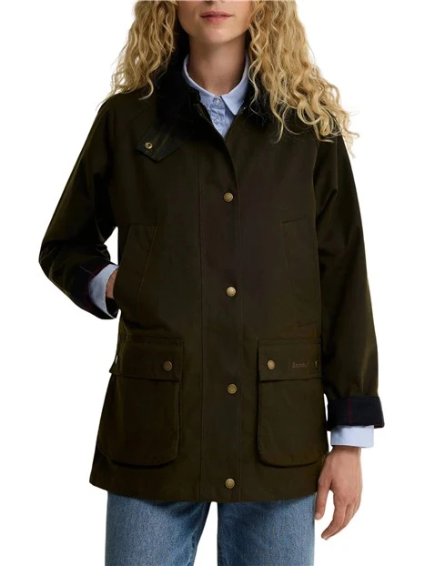 GIACCA IMPERMEABILE IN COTONE CERATO CON COLLETTO IN VELLUTO A COSTE DONNA VERDE