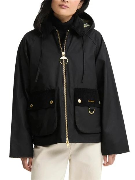 GIACCA IMPERMEABILE CERATA CON CAPPUCCIO STACCABILE DONNA NERO