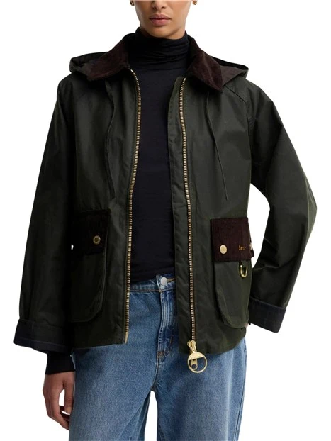 GIACCA IMPERMEABILE CERATA CON CAPPUCCIO STACCABILE DONNA VERDE