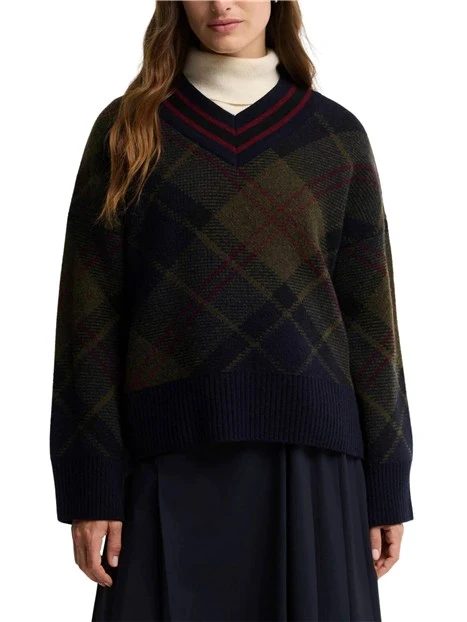 MAGLIA SCOLLO A V IN LANA TARTAN DONNA VERDE