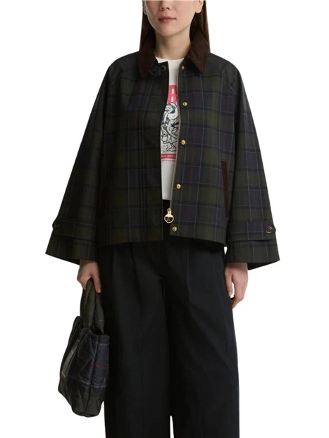 GIACCA IMPERMEABILE IN TARTAN CON SILHOUETTE SQUADRATA DONNA BLU