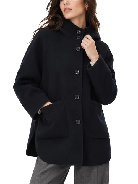 CAPPOTTO CORTO CON CAPPUCCIO IN MISTO LANA DONNA BLU