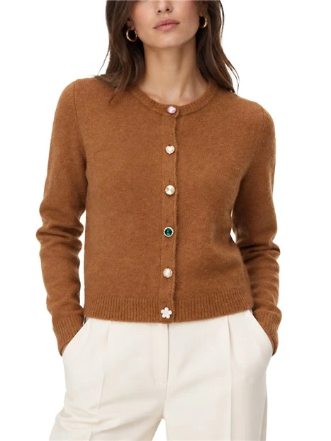 CARDIGAN CON APPLICAZIONI GIOIELLO IN MISTO LANA E ALPACA DONNA MARRONE