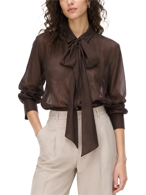 CAMICIA DRITTA IN MISTO SETA E COTONE CON SCIARPINA DONNA MARRONE
