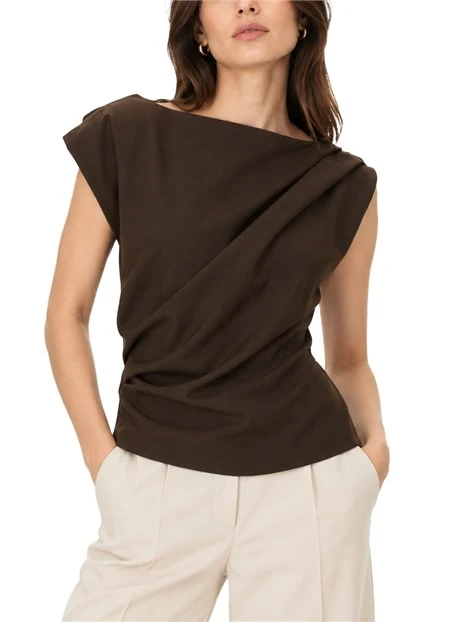 TOP ADERENTE DRAPPEGGIATO CON SCOLLO A BARCHETTA DONNA MARRONE
