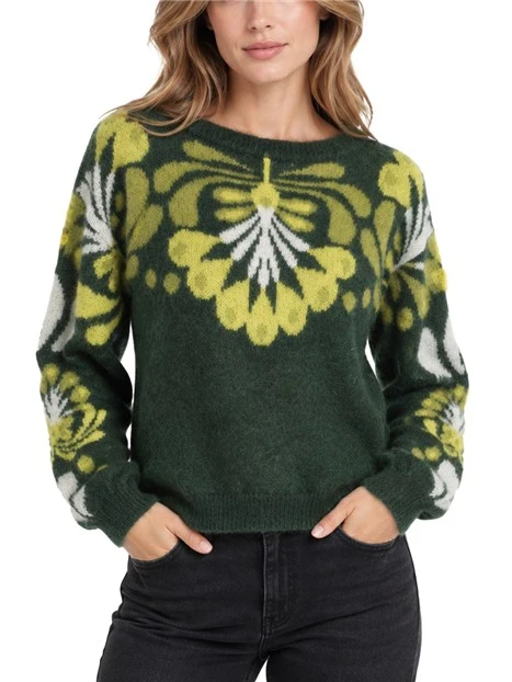 MAGLIA CON SCOLLO A BARCA IN JACQUARD INTARSIATA IN MISTO MOHAIR DONNA VERDE