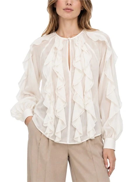 BLUSA SVASATA CON RUCHES IN MISTO SETA E COTONE DONNA AVORIO