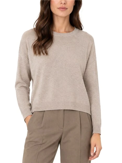 MAGLIA GIROCOLLO AMPIA CON CUCITURE A VISTA IN MISTO CASHMERE E LANA DONNA TORTORA