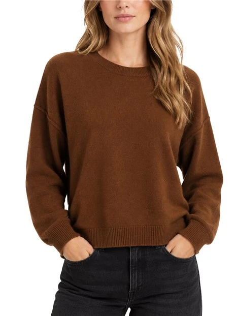 MAGLIA GIROCOLLO AMPIA CON CUCITURE A VISTA IN MISTO CASHMERE E LANA DONNA MARRONE