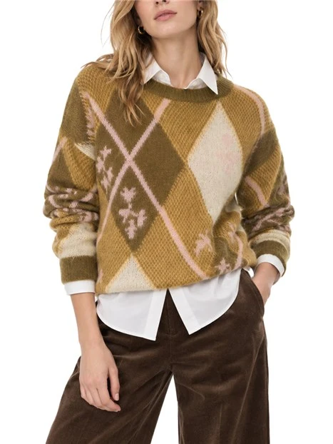 MAGLIA GIROCCOLO AMPIA IN MISTO MOHAIR INTARSIATO DONNA MARRONE