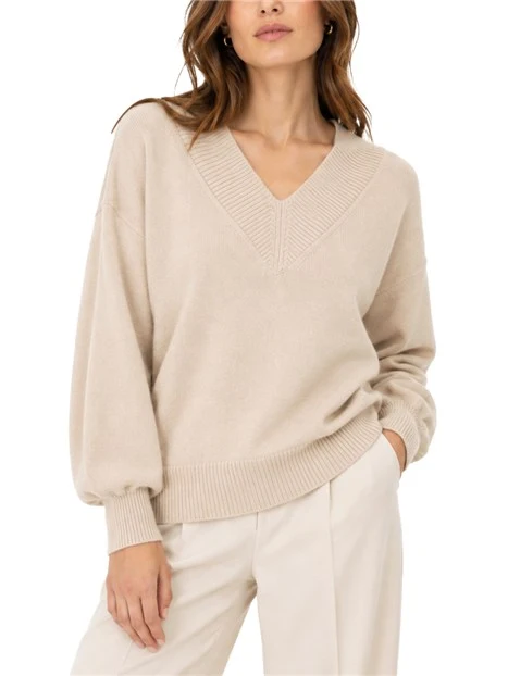 MAGLIA CON SCOLLO A V AMPIA IN MISTO CASHMERE E LANA DONNA BEIGE