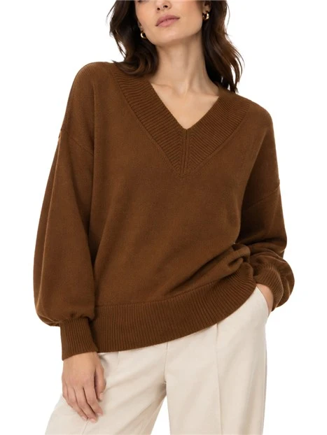MAGLIA CON SCOLLO A V AMPIA IN MISTO CASHMERE E LANA DONNA MARRONE