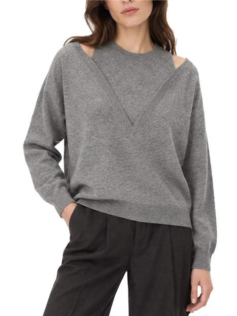 MAGLIA CON SCOLLO A V E GIROCOLLO INTERNO PURA LANA DONNA GRIGIO