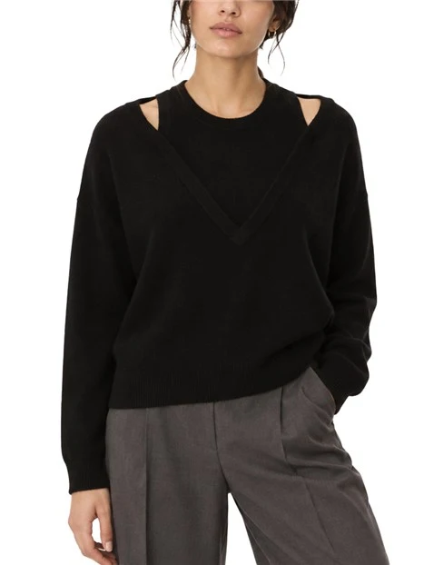 MAGLIA CON SCOLLO A V E GIROCOLLO INTERNO PURA LANA DONNA NERO