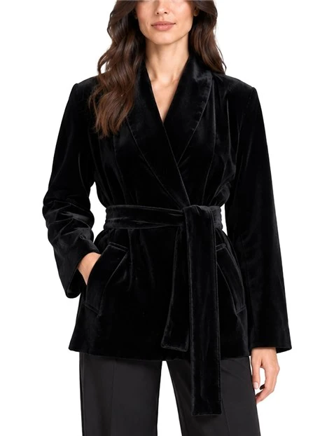BLAZER IN VELLUTO CON COLLO A SCIALLE E CINTURA DONNA NERO
