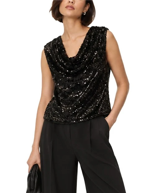 TOP IN TULLE CON PAILLETTES E DRAPPEGGIO DONNA NERO