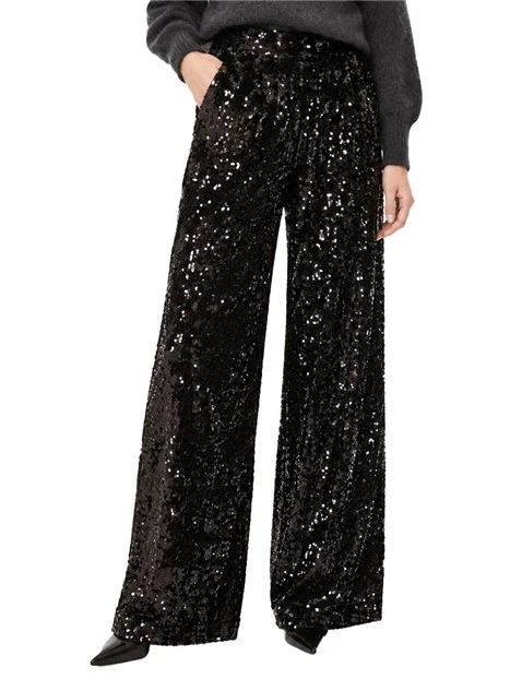PANTALONI PALAZZO IN  JERSEY TULLE RICAMATO CON PAILLETTES DONNA NERO