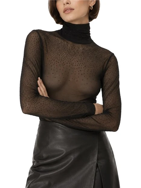 MAGLIA DOLCEVITA ADERENTE IN TULLE CON STRASS DONNA NERO